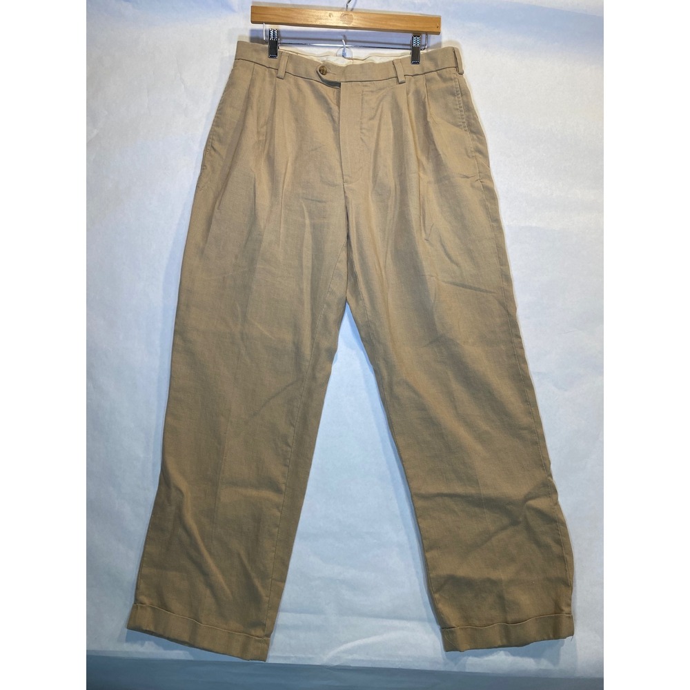 Tan Jos A Bank Linen Trousers Double Pleated Cuffed 34x30 Mens